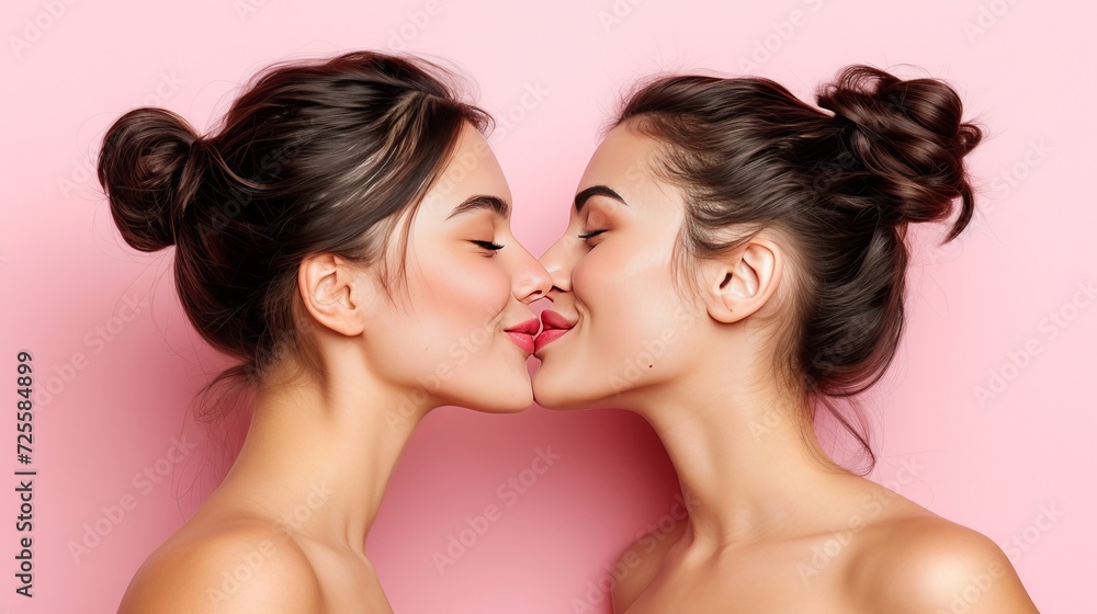 Beautiful young women models kissing passionately in an intimate moment, two girls facing each other