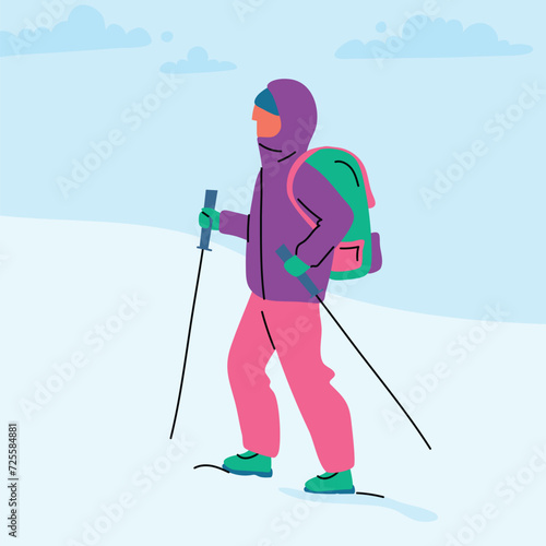 Cartoon Color Character Person Winter Hikes Alone Concept Wintertime Landscape Panorama Flat Design Style. Vector illustration photo