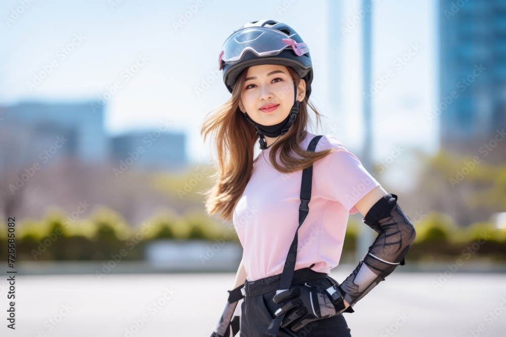 Portrait of a beautiful young woman wearing helmet and bicycle on the street Portrait of a beautiful young woman wearing helmet and bicycle on the street