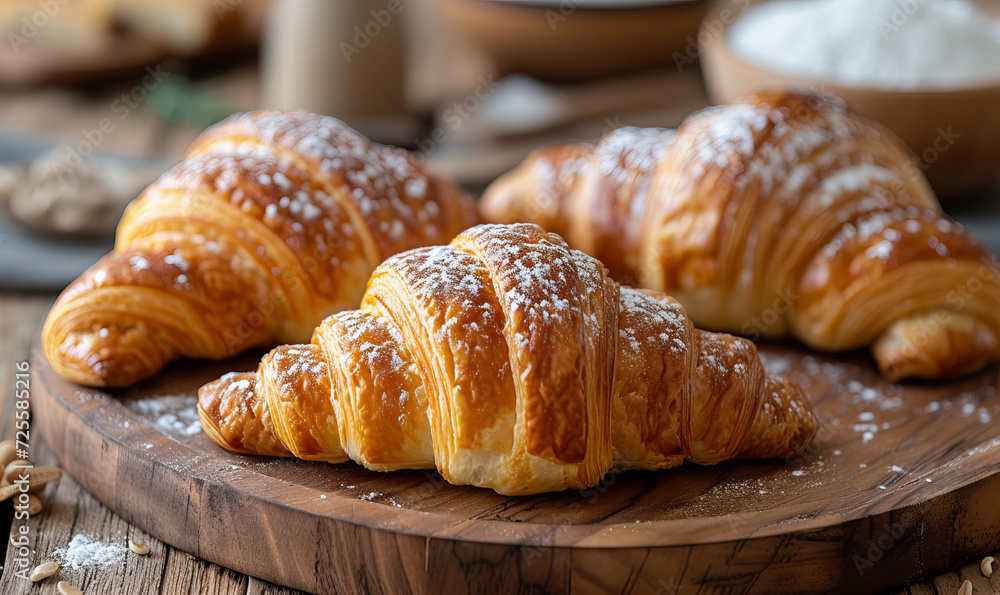 A freshly baked delicious croissants decorated on a wooden table and bokeh background.