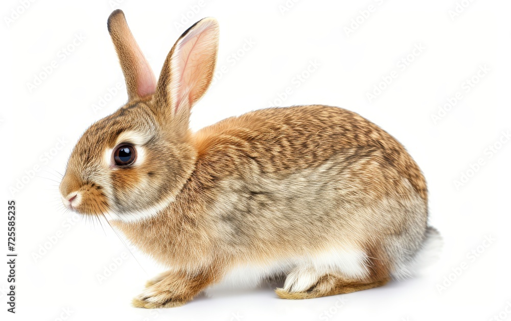 A cute brown rabbit with large ears and bright eyes, isolated on a white background.