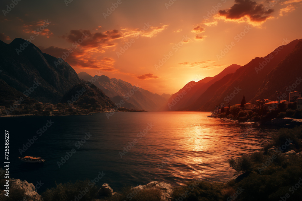 Golden Hour Seascape with mountains and calm sea