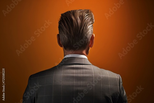 Corporate businessman back portrait. Male manager in formalwear suit backward photo. Generate ai