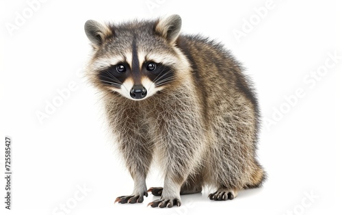 A detailed close-up of a raccoon, showcasing its intricate fur pattern and curious gaze, isolated on a white background. © burntime555