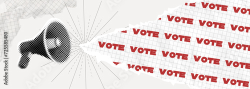 Trendy Halftone Collage Megaphone with torn paper edge and flow of word vote. Social media announcing and promotions. Online news. Contemporary art. Campaign illustration. American president elections