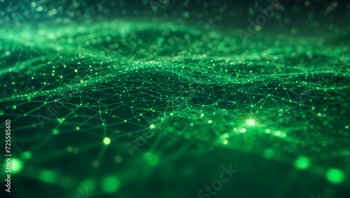 Abstract emerald green technology background with a cyber network grid, connected particles, and artificial neurons, evoking a lush and oasis-like futuristic tech environment.