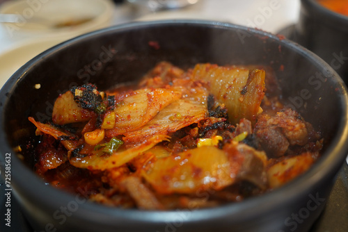 Korean style Pork Stew is a local Korean food made with pork and kimchi stewed in a spicy and salty way.