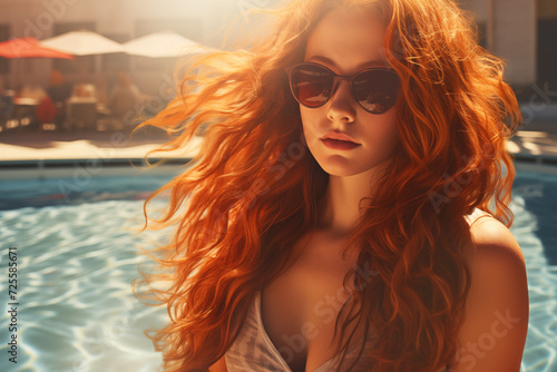 Redhead young woman in sunglasses relaxing by the poolside in summertime.