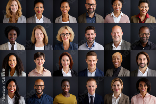 Collage of portraits of an ethnically diverse and mixed age group of business professionals smiling to camera.