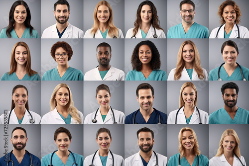 Collage portraits of multiethnic doctors and medical workers wearing uniform on grey backgrounds.