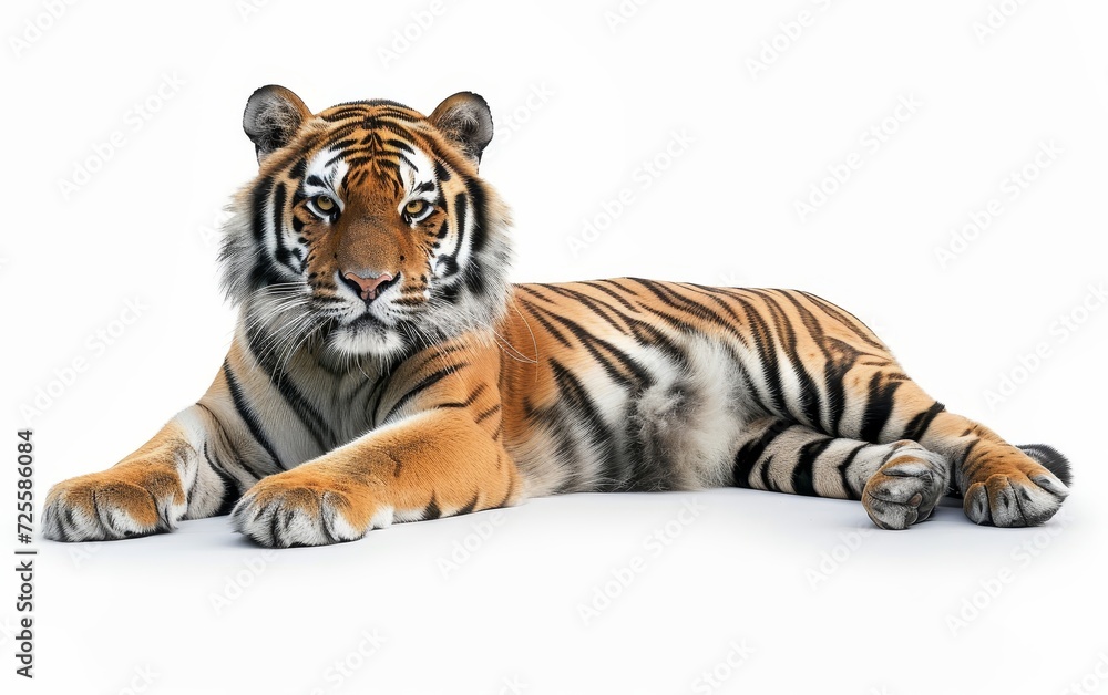 Obraz premium A majestic tiger, marked with bold black stripes, stands alert and poised isolated on white background.