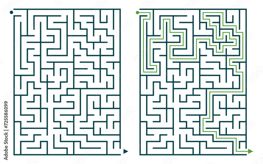 A rectangular maze game with a solution. Maze puzzle of medium difficulty for beginners A rectangular maze game with a solution. Maze puzzle of medium difficulty for beginners