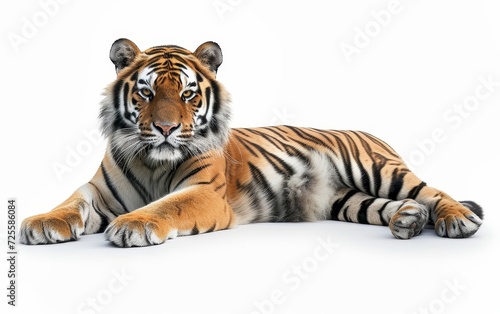 A majestic tiger  marked with bold black stripes  stands alert and poised isolated on white background.