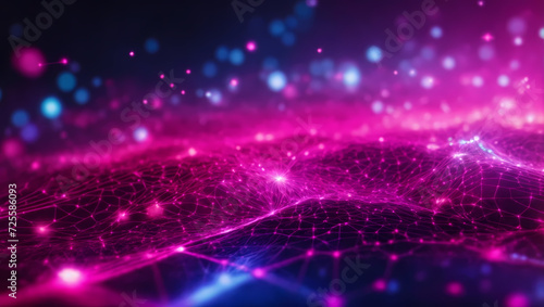 Abstract fuchsia technology background with a cyber network grid, connected particles, and artificial neurons, creating a fusion of futuristic connectivity and vibrant energy. © xKas