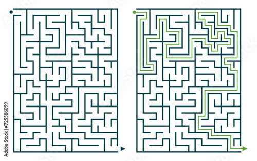 A rectangular maze game with a solution. Maze puzzle of medium difficulty for beginners