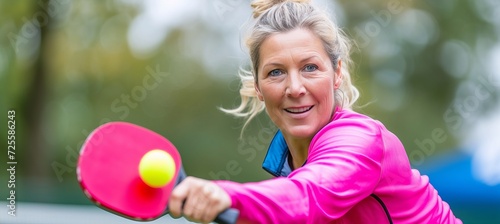 Active young woman enjoying a game of pickleball on the court with ample space for text placement
