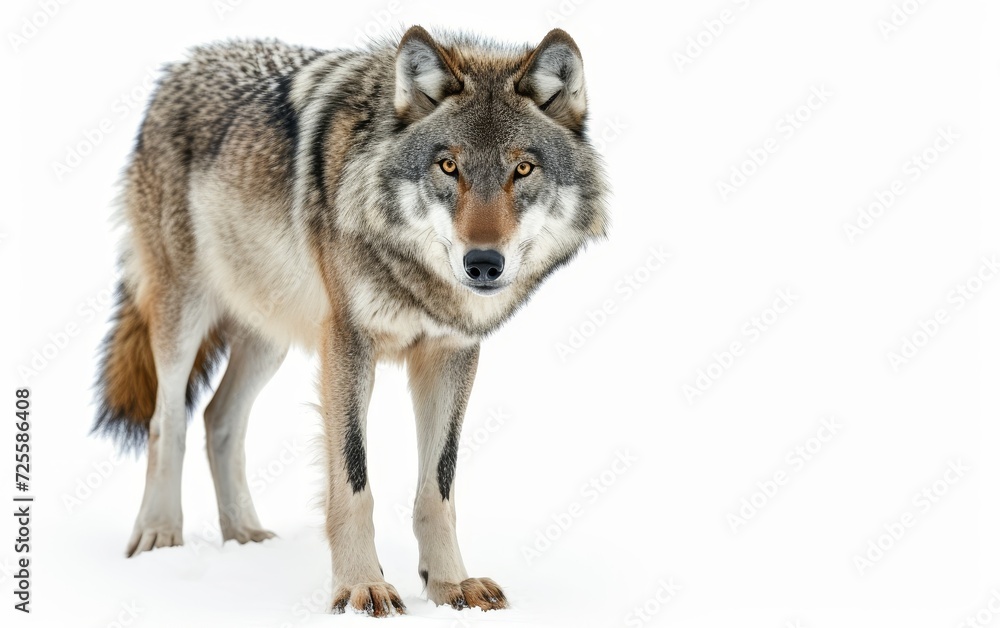 A detailed close-up of a wolf, showcasing its intense gaze and beautifully patterned fur isolated on white background.