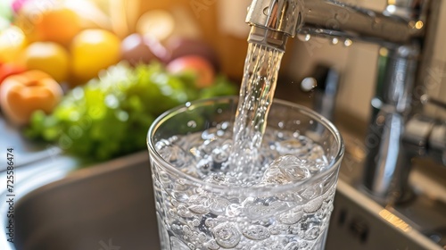 Clear and fresh water flowing from the kitchen tap and filling a transparent glass container