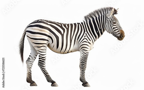 A zebra with striking black and white stripes stands gracefully, isolated on a white background.