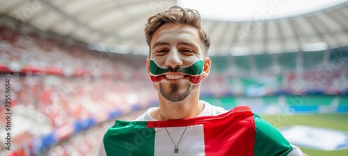 Italian soccer fan with face paint cheering at sports event with stadium background and text space