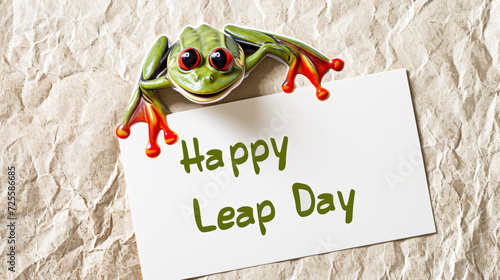Leap day, 29 February 2024 greeting card with cute Green Frog and Happy Leap Day text. Leap year, one extra day.