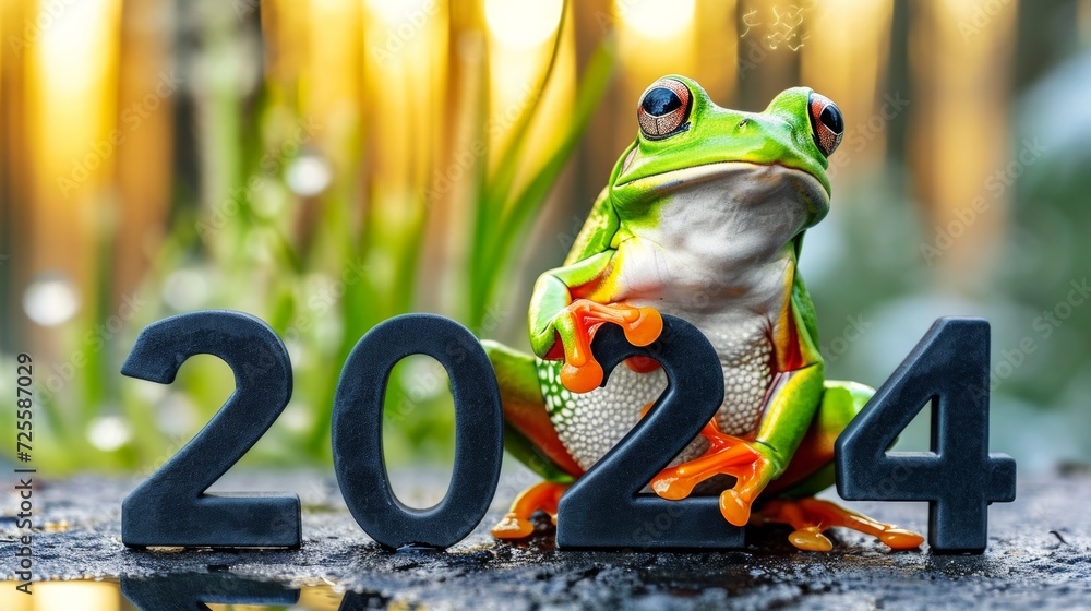 Leap day, one extra day, Leap year 29 February 2024 background. Green Frog and year 2024 text on green background. - obrazy, fototapety, plakaty 