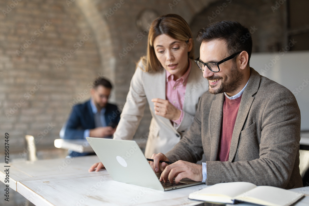 Obraz premium Businesswoman and businessman working together at laptop