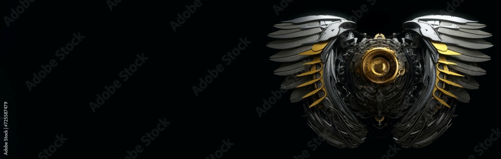 Cyberpunk feathered wing machine on black backdrop banner. Cybernetic flight robotic creature mechanism. Generate ai Cyberpunk feathered wing machine on black backdrop banner. Cybernetic flight robotic creature mechanism. Generate ai
