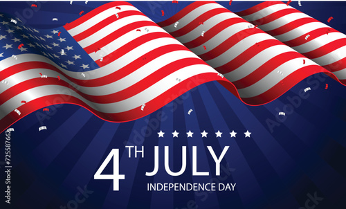 4th of July independence day poster, banner, flyer, background, template, with the greeting,flag waving ribbon, bunting decoration, and American famous landmarks in the background