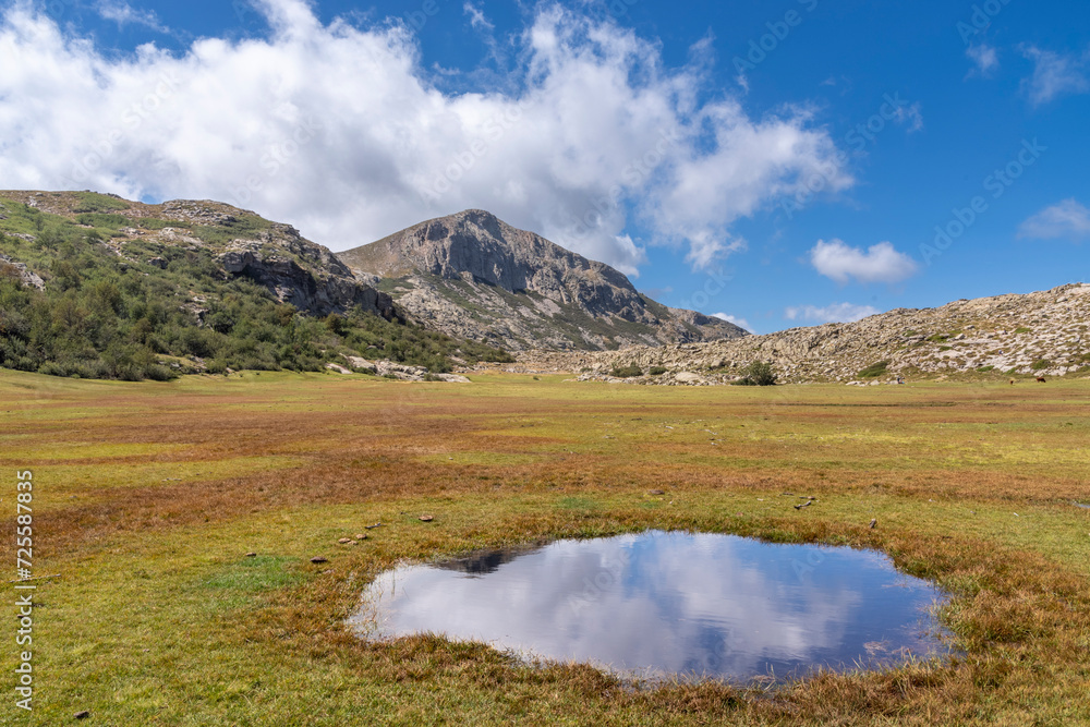 Blick über die Hochmoor Landschaft um den den Lac de Nino mit der Capu a Tozzu im Hintergrund, Korsika, Frankreich Blick über die Hochmoor Landschaft um den den Lac de Nino mit der Capu a Tozzu im Hintergrund, Korsika, Frankreich