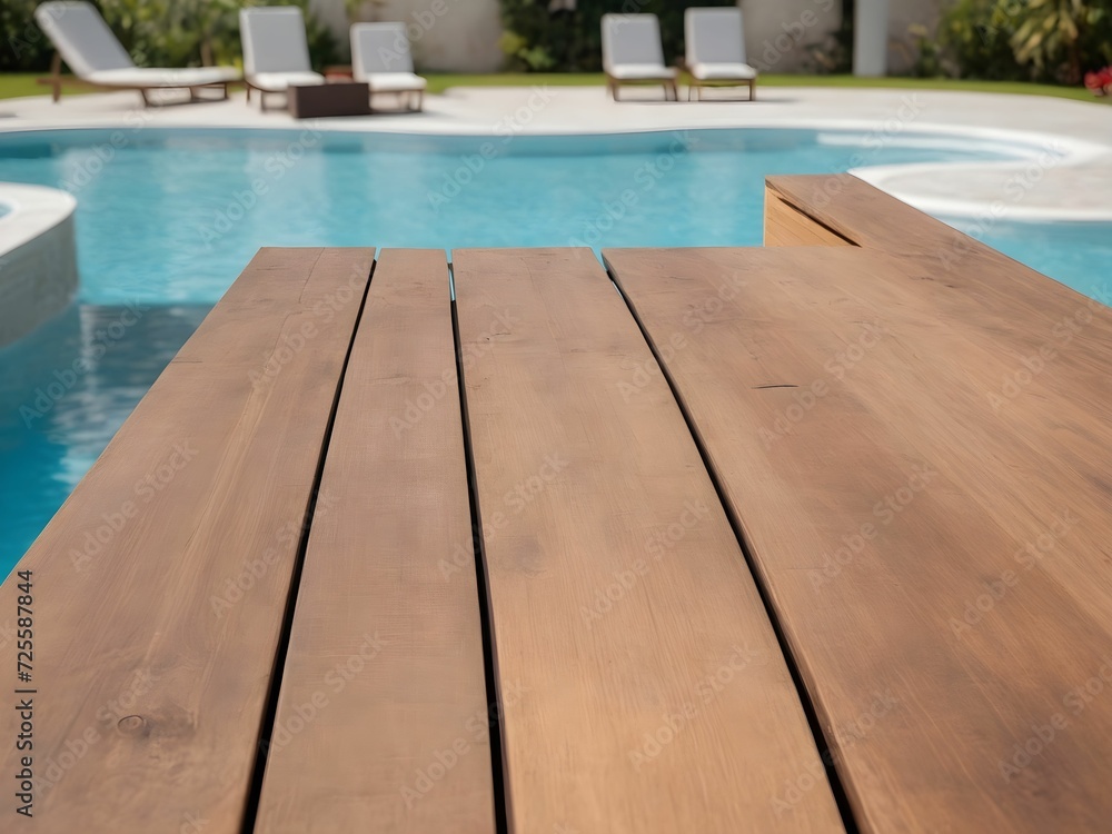 Obraz premium An empty wooden table for displaying goods on the background of the pool