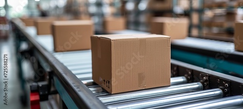 Multiple cardboard box packages moving along conveyor belt in warehouse facility