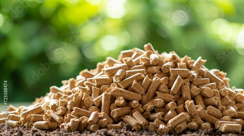 Pile of biomass wood pellets and woodpile on blurred background with copy space for text