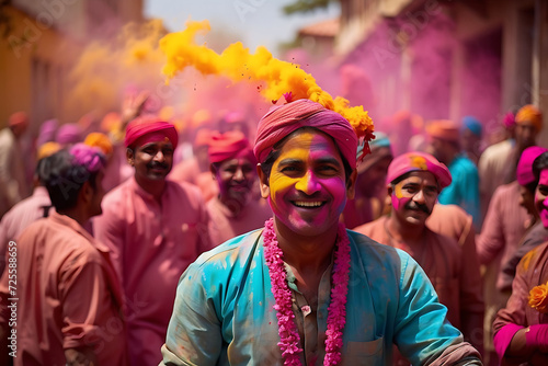 Indian people throwing colored Holi powder in the holi festival 
