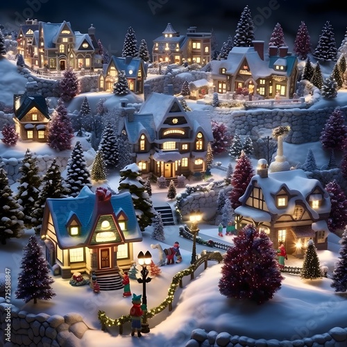 Christmas village with houses and trees in the snow at night. 3d rendering © Michelle