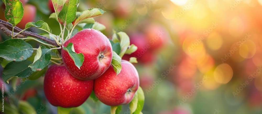 Obraz premium Organic red apples growing on a tree.