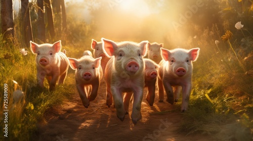 A group of beautiful pink piglets walking in nature in the rays of the sun at sunset. Animals, Pig Farm concepts.