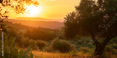 Golden sunset over olive grove, tranquil nature scene, warm evening light, perfect for relaxation and wallpapers. AI