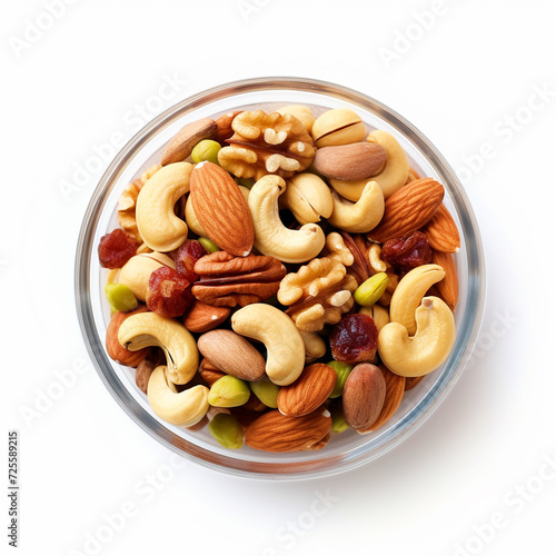 Bowl of mixed dry fruits top view on isolated white background - ai generative