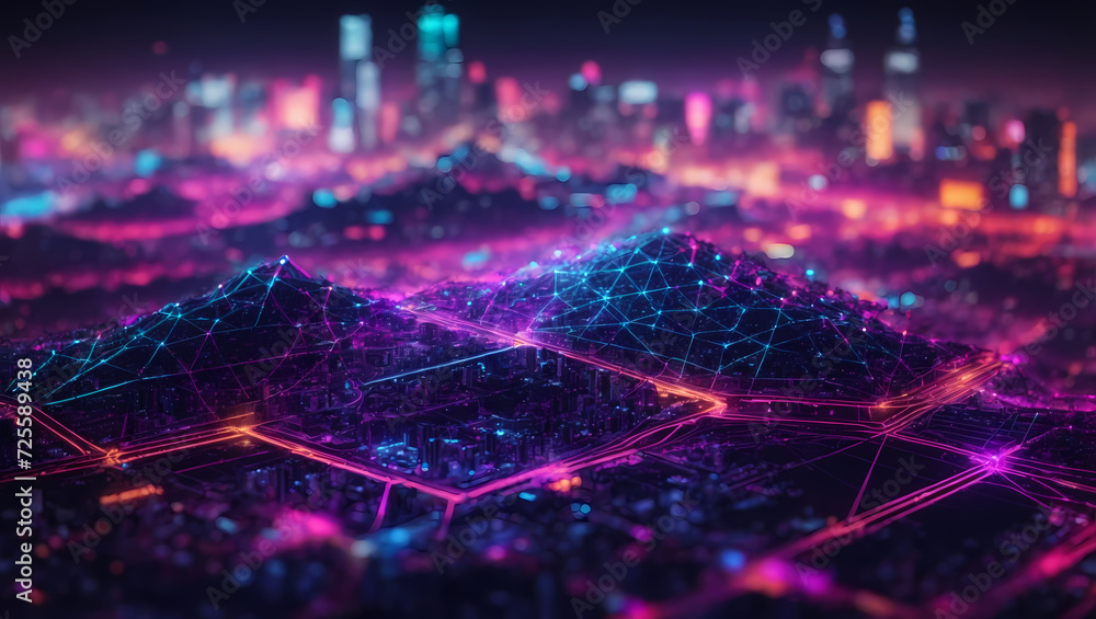 Abstract neon-colored technology background showcasing a cyber network grid, connected particles, and artificial neurons, resembling a vibrant and futuristic cityscape.