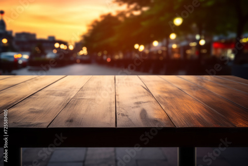 AI generative images. Empty wooden table top in the outdoors cafe with blur background of the sunset city