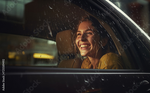 AI Generated Image. Cheerful woman inside of the car while the rain is falling outside