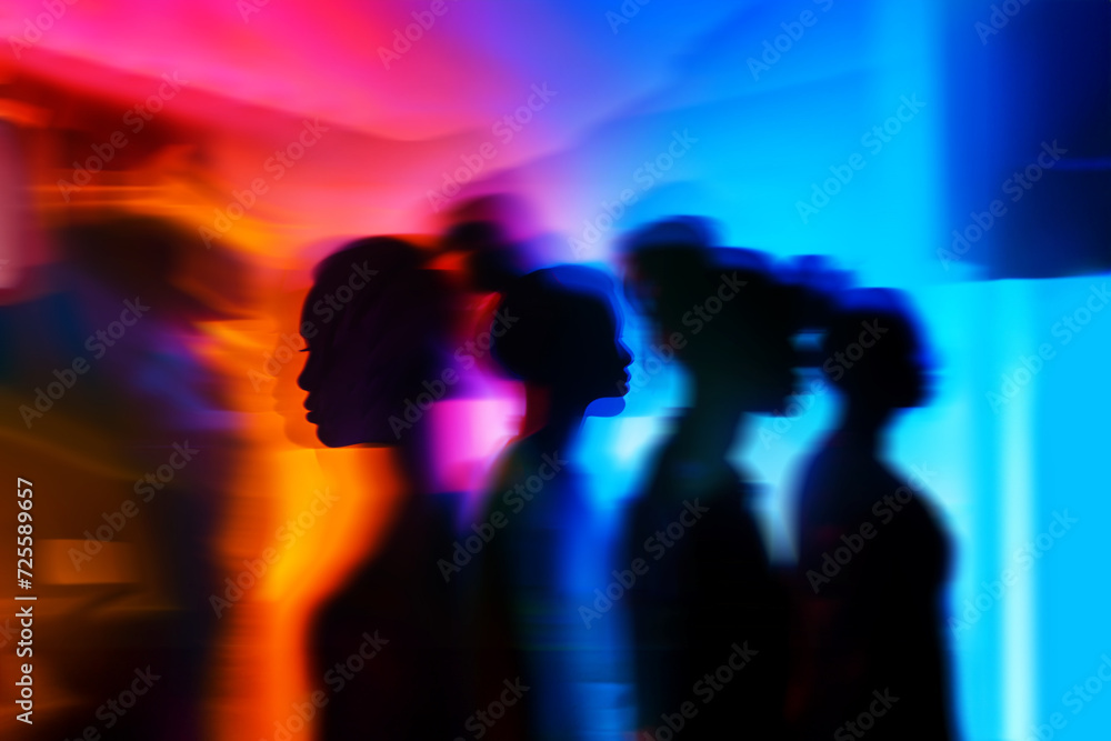 ADDICTIVE_AI Generated Image. Ghostly silhouettes of ethnic group of women in neon light ADDICTIVE_AI Generated Image. Ghostly silhouettes of ethnic group of women in neon light