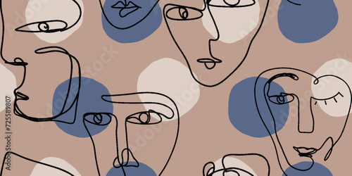 Seamless pattern line drawing of women with different faces. 