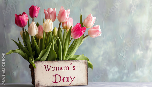 Women's Day Celebration with Tulip Bouquet and Greeting Board on Light Background