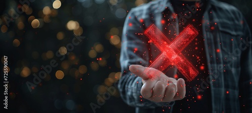 Businessman holding red fail tick hologram for certification or audit concept with copy space photo
