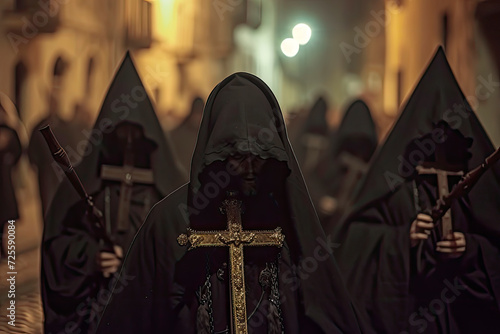 nazarenes with black hoods in a procession during holy week photo