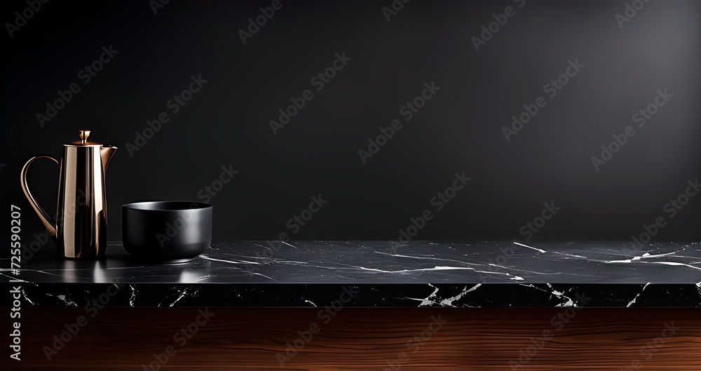 Elegant black marble countertop with kettle and a pot in front of black wall. Mockup. Banner format. Copy space.
