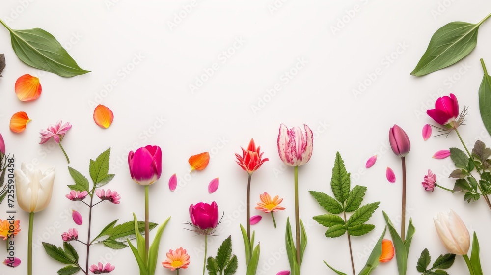 A flat lay of flowers and leaves creating a serene natural frame. A flat lay of flowers and leaves creating a serene natural frame.