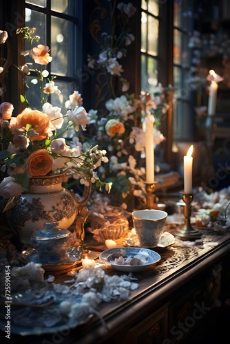 Interior of an old house with candles and flowers in the foreground